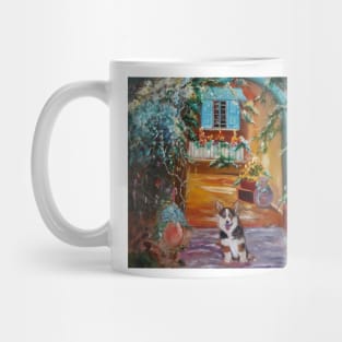 Corgi in the Courtyard Mug